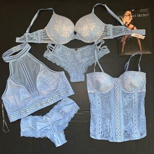 Victoria's Secret 34C BRA SET+panty+CORSET Bustier BABY BLUE floral lace studded